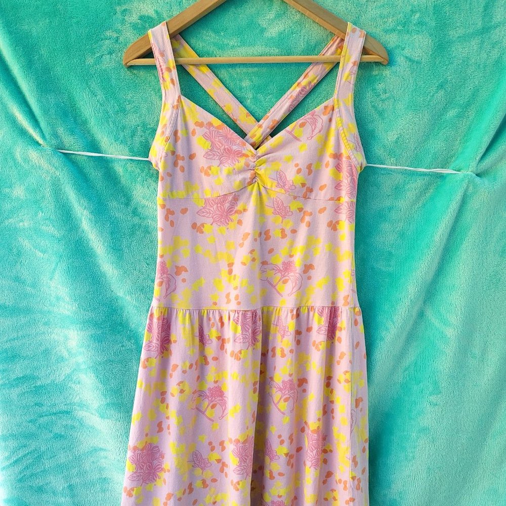Beautiful Lux pink and yellow criss cross back mini dress size medium